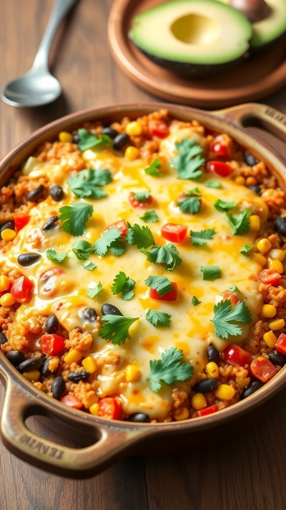 A baked turkey quinoa casserole topped with cheese and cilantro, served in a rustic dish.